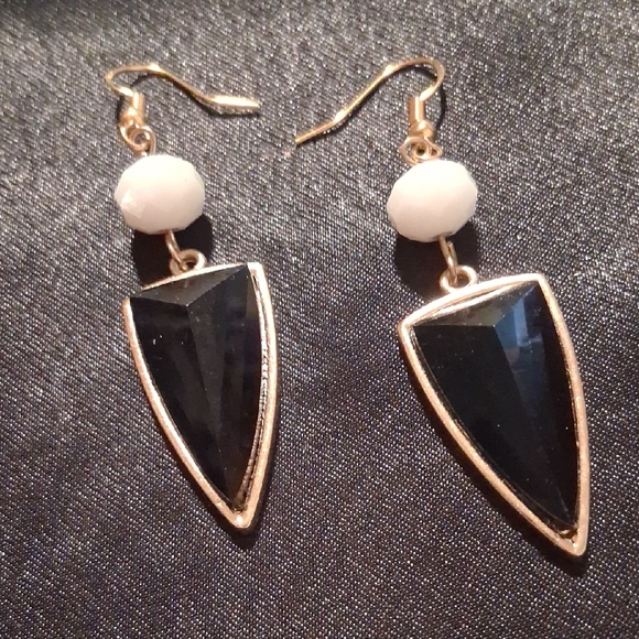 925 Sterling Silver Jewelry - Black Geometric, Gold Over 925 Dangle Hooks Earrings .